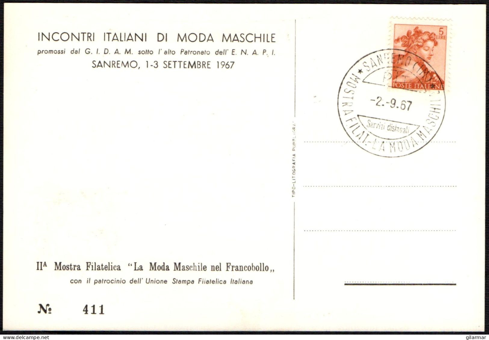 ITALIA SANREMO (IM) 1967 - MOSTRA FILATELICA "LA MODA MASCHILE NEL FRANCOBOLLO" - CARTOLINA UFFICIALE - M - Autres & Non Classés