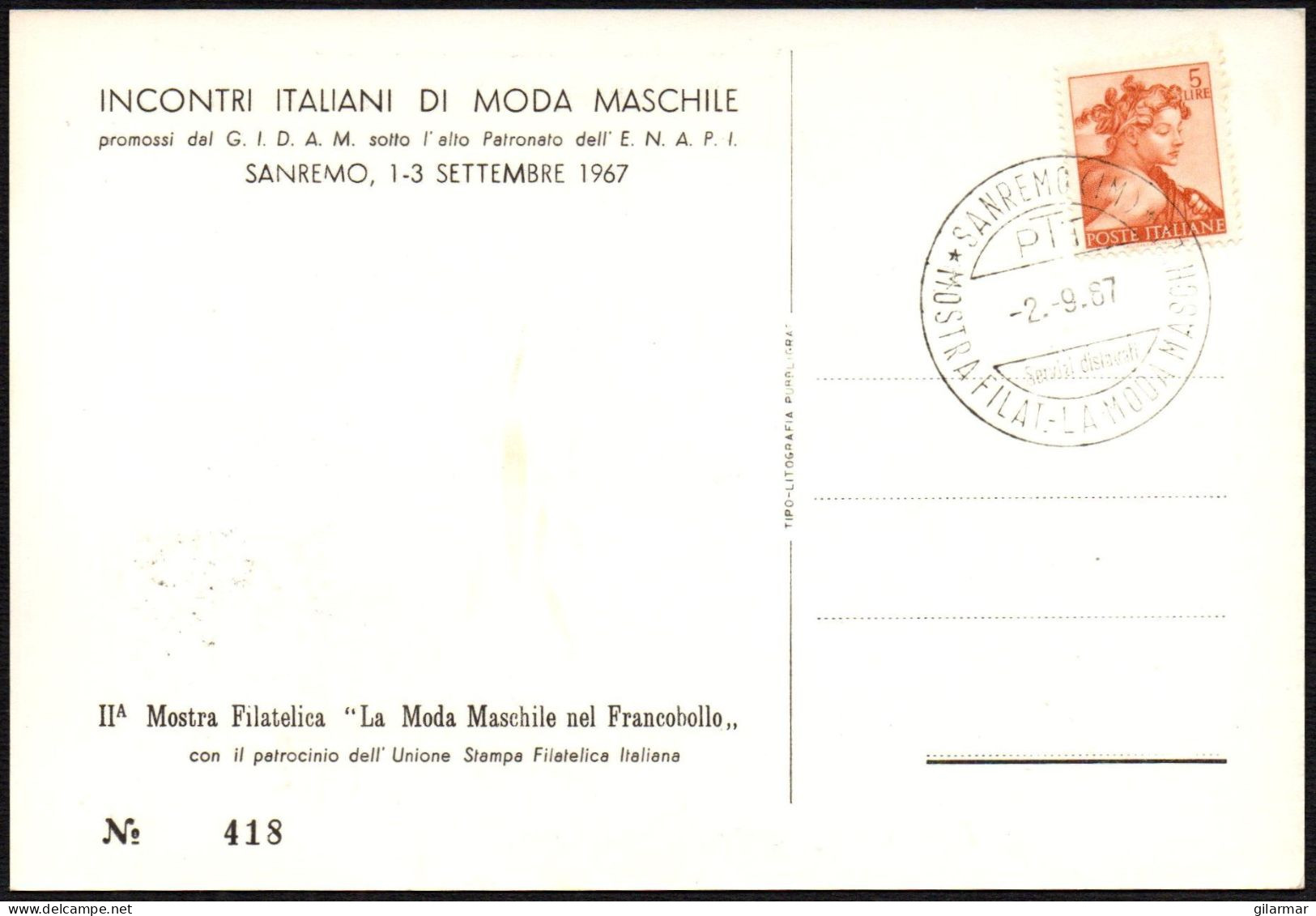 ITALIA SANREMO (IM) 1967 - MOSTRA FILATELICA "LA MODA MASCHILE NEL FRANCOBOLLO" - CARTOLINA UFFICIALE - M