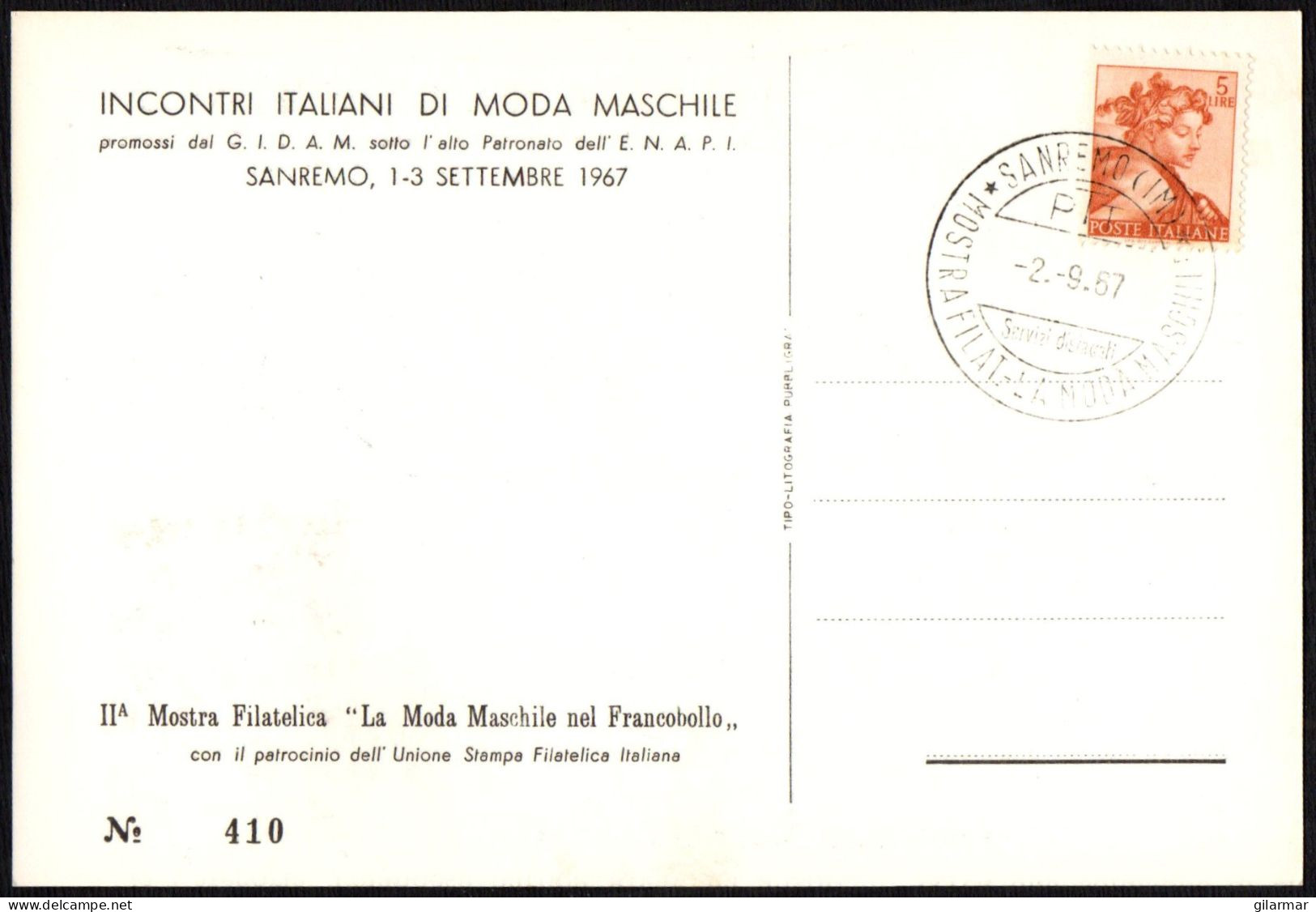 ITALIA SANREMO (IM) 1967 - MOSTRA FILATELICA "LA MODA MASCHILE NEL FRANCOBOLLO" - CARTOLINA UFFICIALE - M