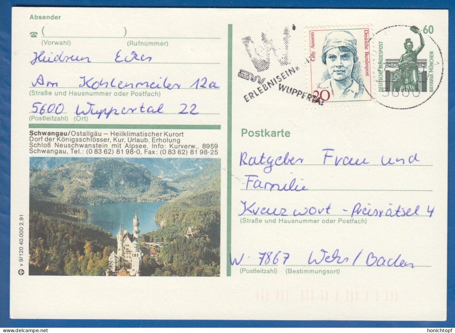 Deutschland; BRD; Postkarte; 20+60 Pf Bavaria München Und Cilly Aussem; Schwangau Schloss Neuschwanstein 1991; Bild1 - Illustrated Postcards - Used