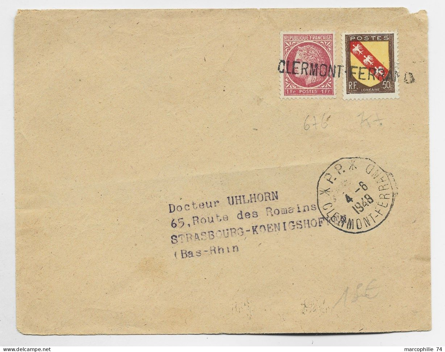 MAZELIN 1FR+50C BLASON GRIFFE CLERMONT FERRAND + TAD *P.P.* 4.6.1948 CLERMONT FERRAND LETTRE - 1945-47 Ceres De Mazelin