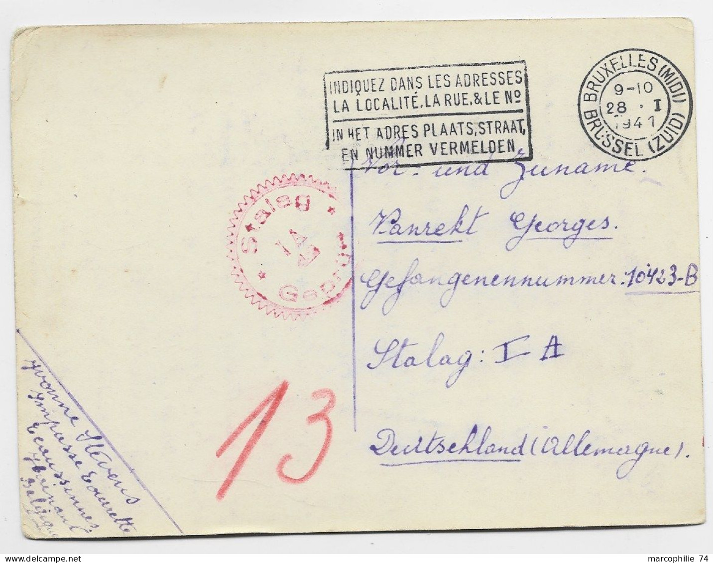 BELGIQUE CARTE MEC BRUXELLES MIDI 28.1.1941 POUR STAMAG IA ALLEMAGNE GEPRUFT - Guerra 40 – 45 (Cartas & Documentos)