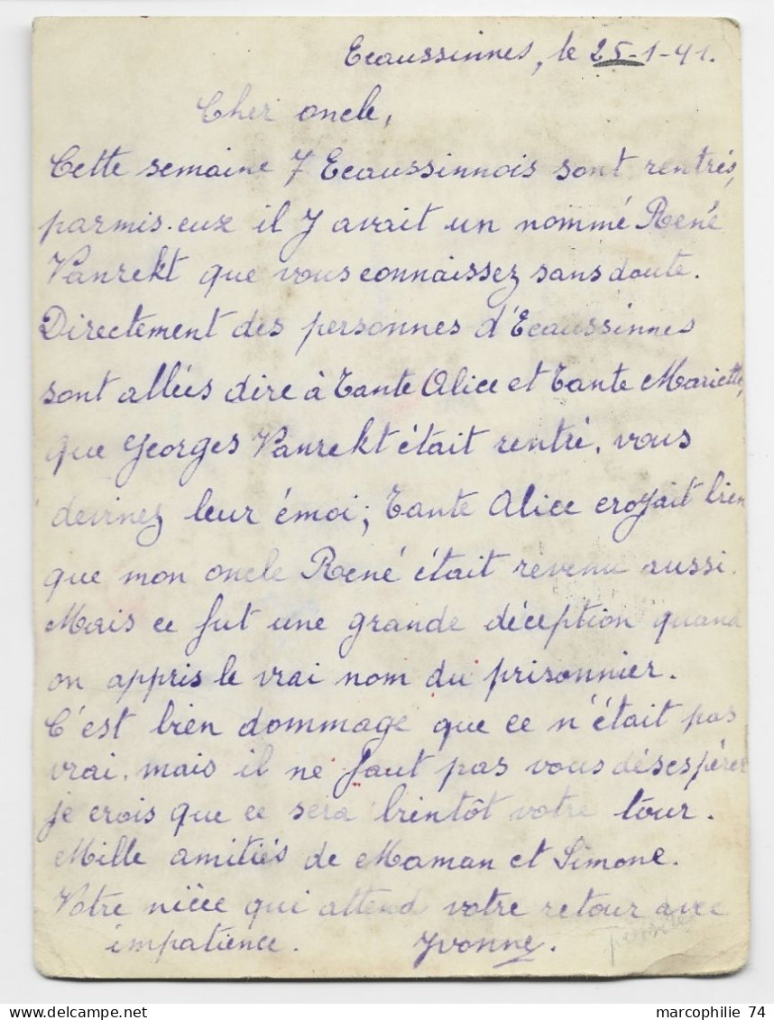 BELGIQUE CARTE MEC BRUXELLES MIDI 28.1.1941 POUR STAMAG IA ALLEMAGNE GEPRUFT - Weltkrieg 1939-45 (Briefe U. Dokumente)