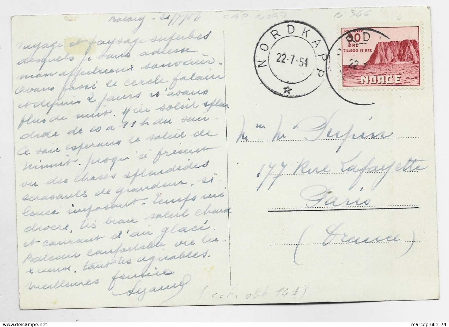 NORGE 30 ORE SOLO CARD CARTE NORDKAPP 22.7.1954 TO FRANCE - Briefe U. Dokumente
