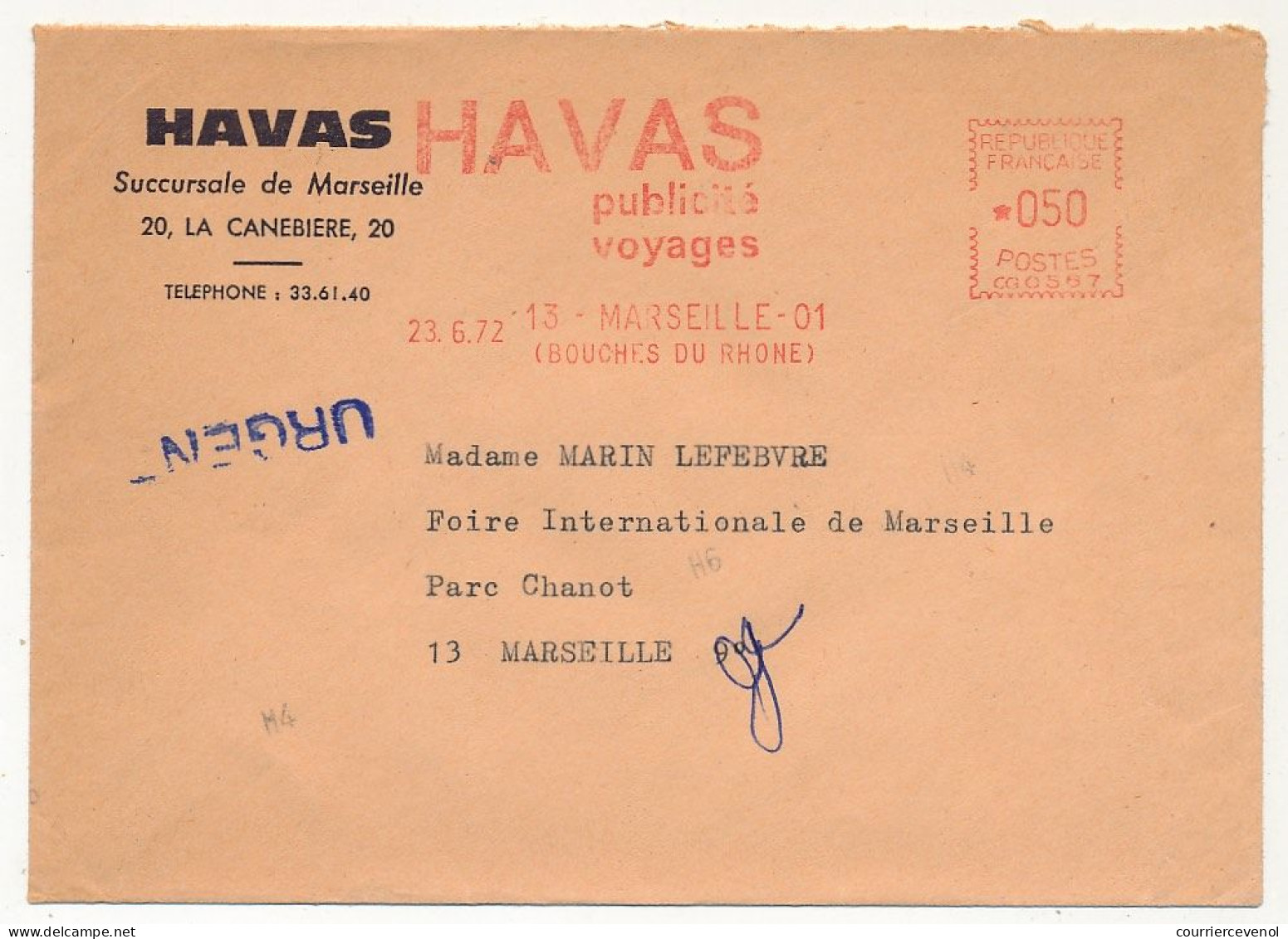 FRANCE - Env EMA "Havas Publicité Voyages" - Marseille 01 - 23/6/1972 - EMA (Print Machine)