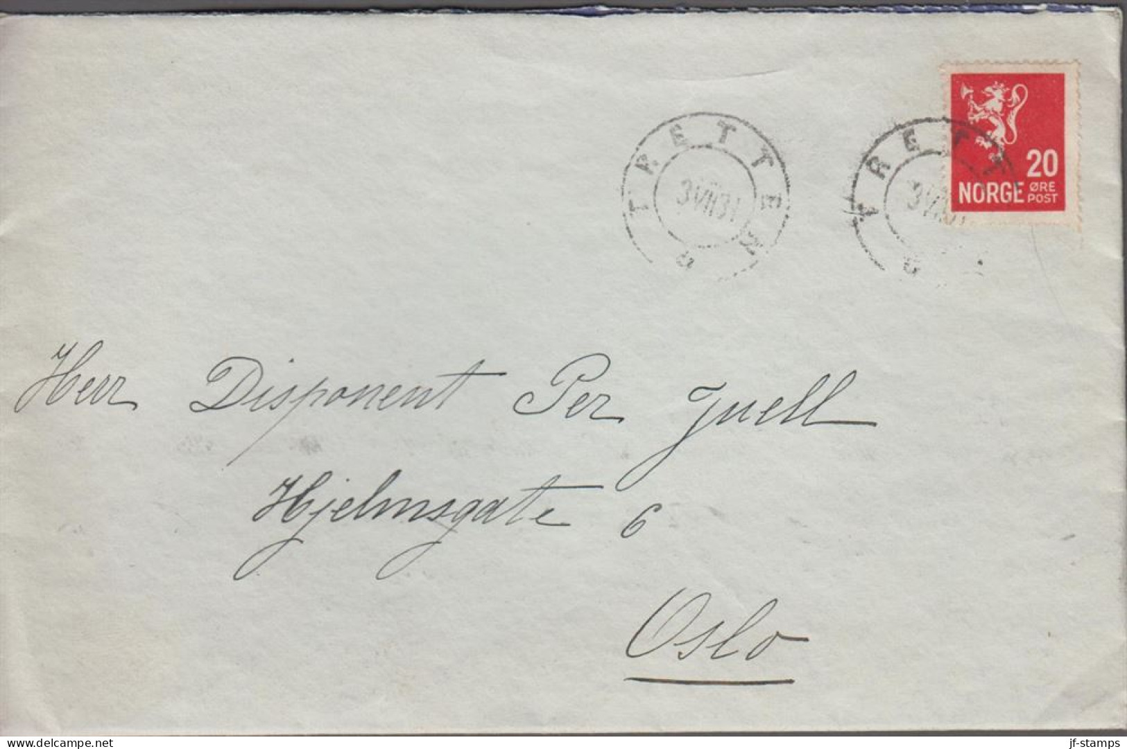 1931. NORGE. Interesting Cover To Oslo Cancelled TRETTEN 3 VII 31 With 20 ØRE Lion-type. Orig... (Michel 124) - JF539869 - Brieven En Documenten