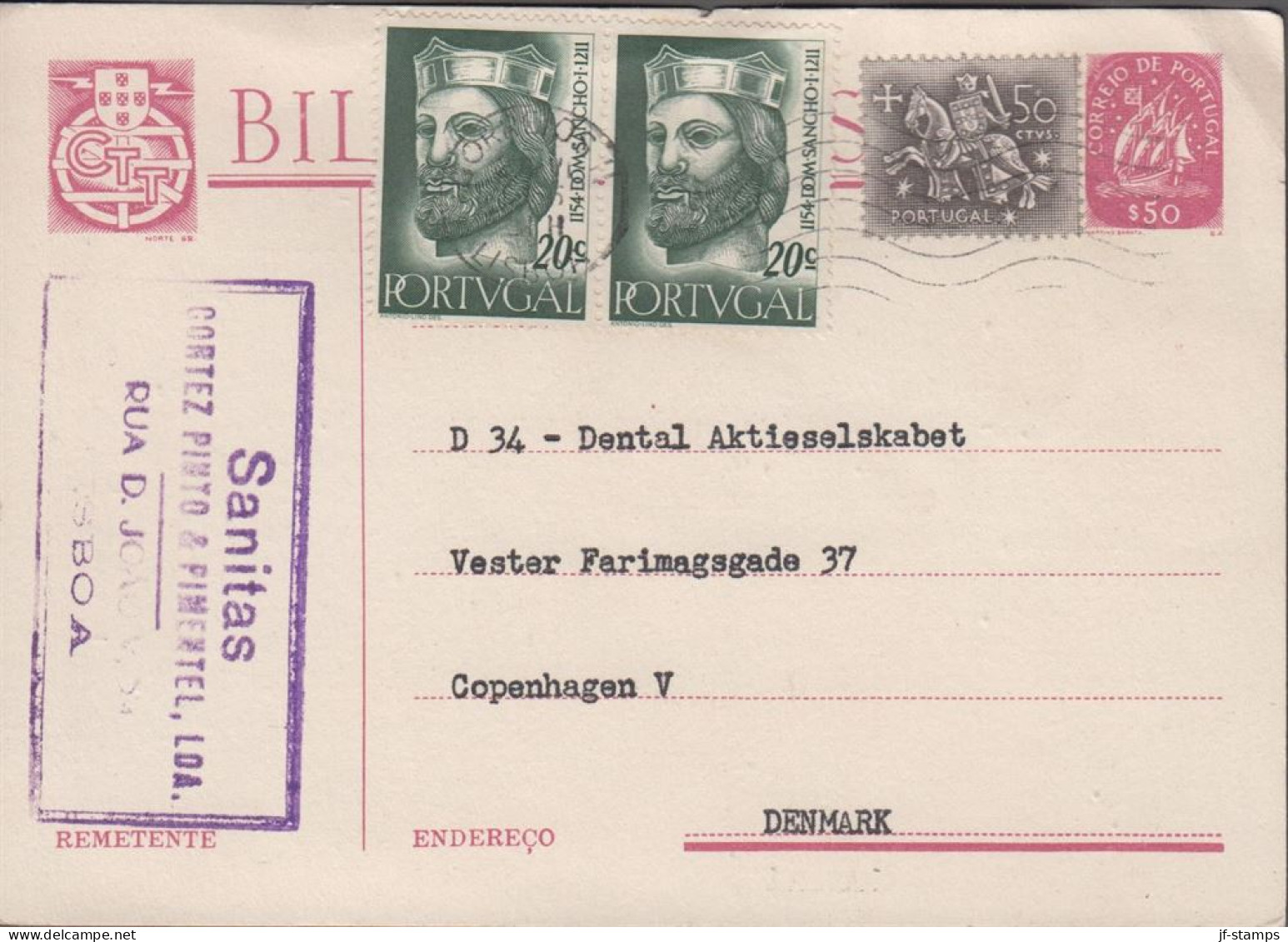 1955. PORTUGAL. Fine BILHETE PSTAL $ 50 With Additional Franking 50 CTVS And Pair 20 C Sanch... (Michel 836+) - JF539875 - Unused Stamps