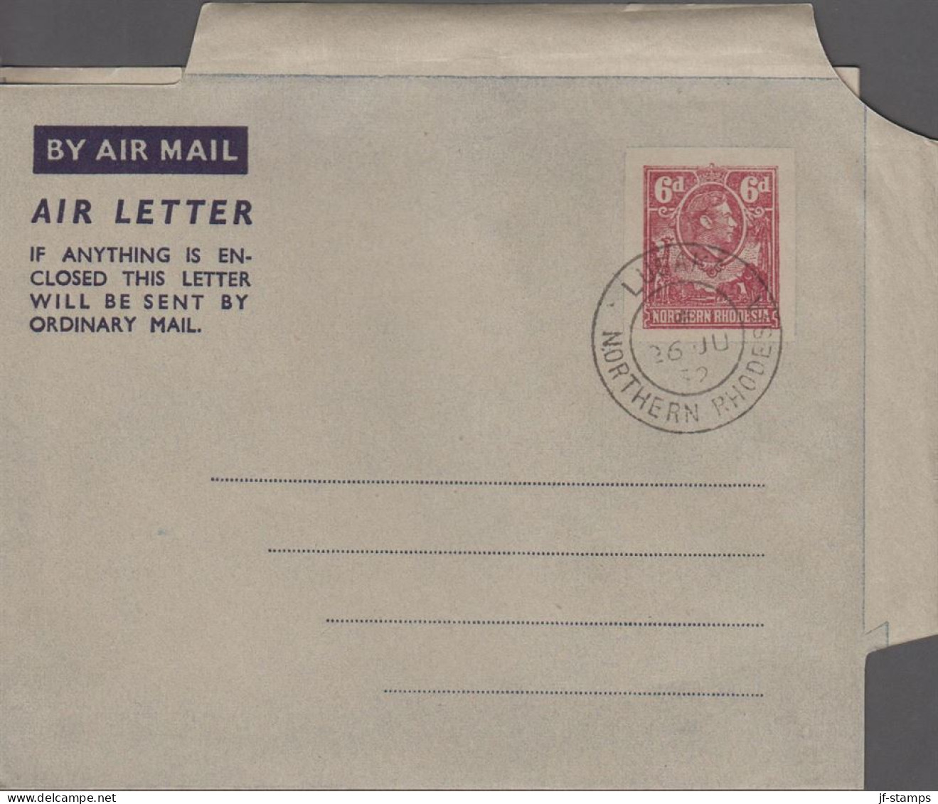 1952. NORTHERN RHODESIA.  Georg VI. AIR LETTER 6d Cancelled LUSAKA NORTHERN RHODESIA 26 JU 52.  - JF539892 - Noord-Rhodesië (...-1963)