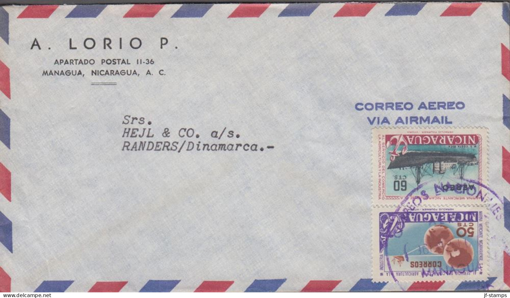 1960. NICARAGUA. Fine AIR MAIL Cover To Randers, Denmark With 50 C Marine And 60 C Ships M.S... (Michel 1172) - JF539922 - Nicaragua