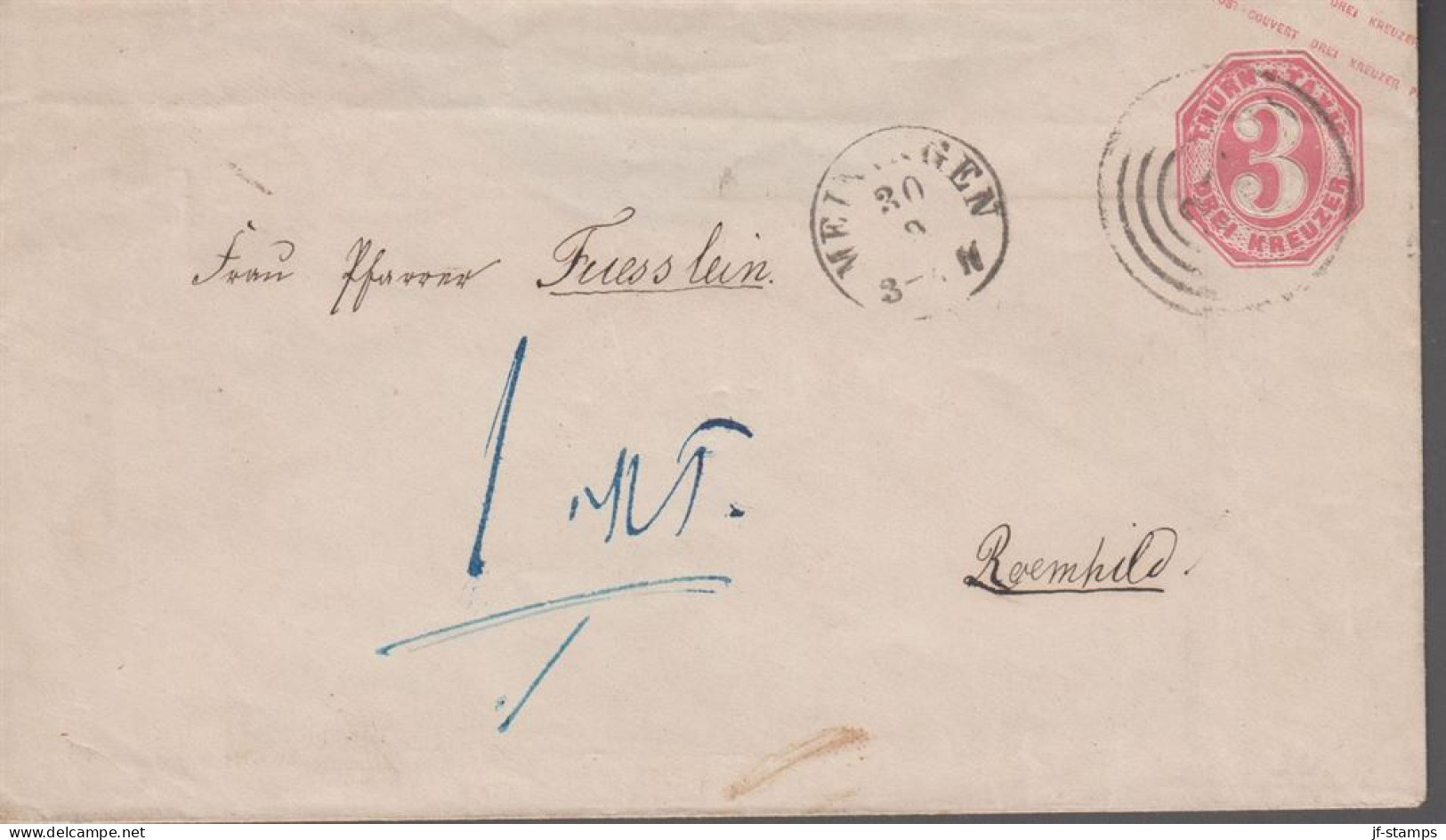 1865. THURN UND TAXIS. 3 DREI KREUZER Envelope Cancelled MEININGEN 30 9.  - JF539947 - Lettres & Documents