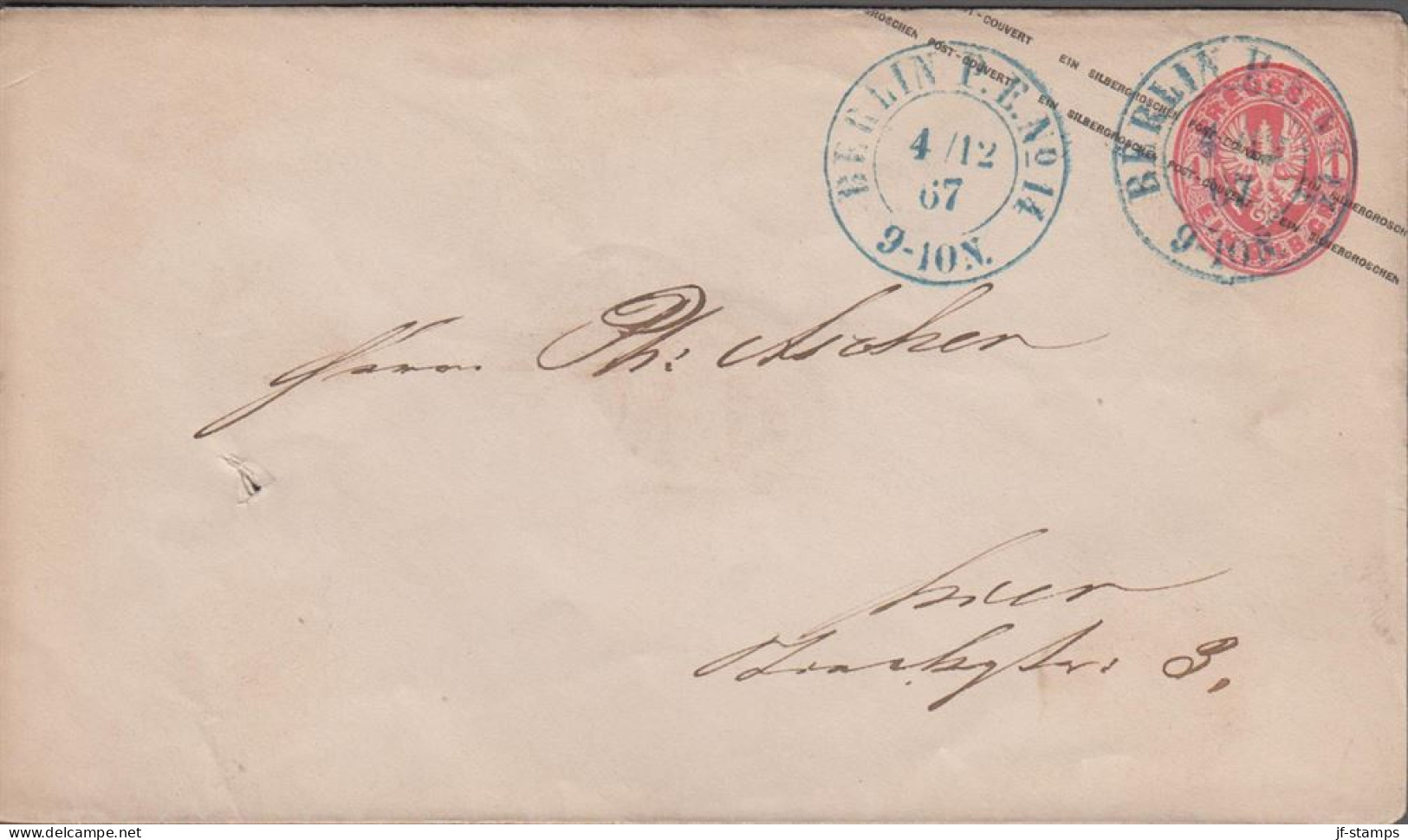 1867. PREUSSEN. 1 EIN SILB. GR. Envelope Cancelled BERLIN P. E. No 14 4/12 67 In Blue. Reverse Interesting... - JF539951 - Entiers Postaux