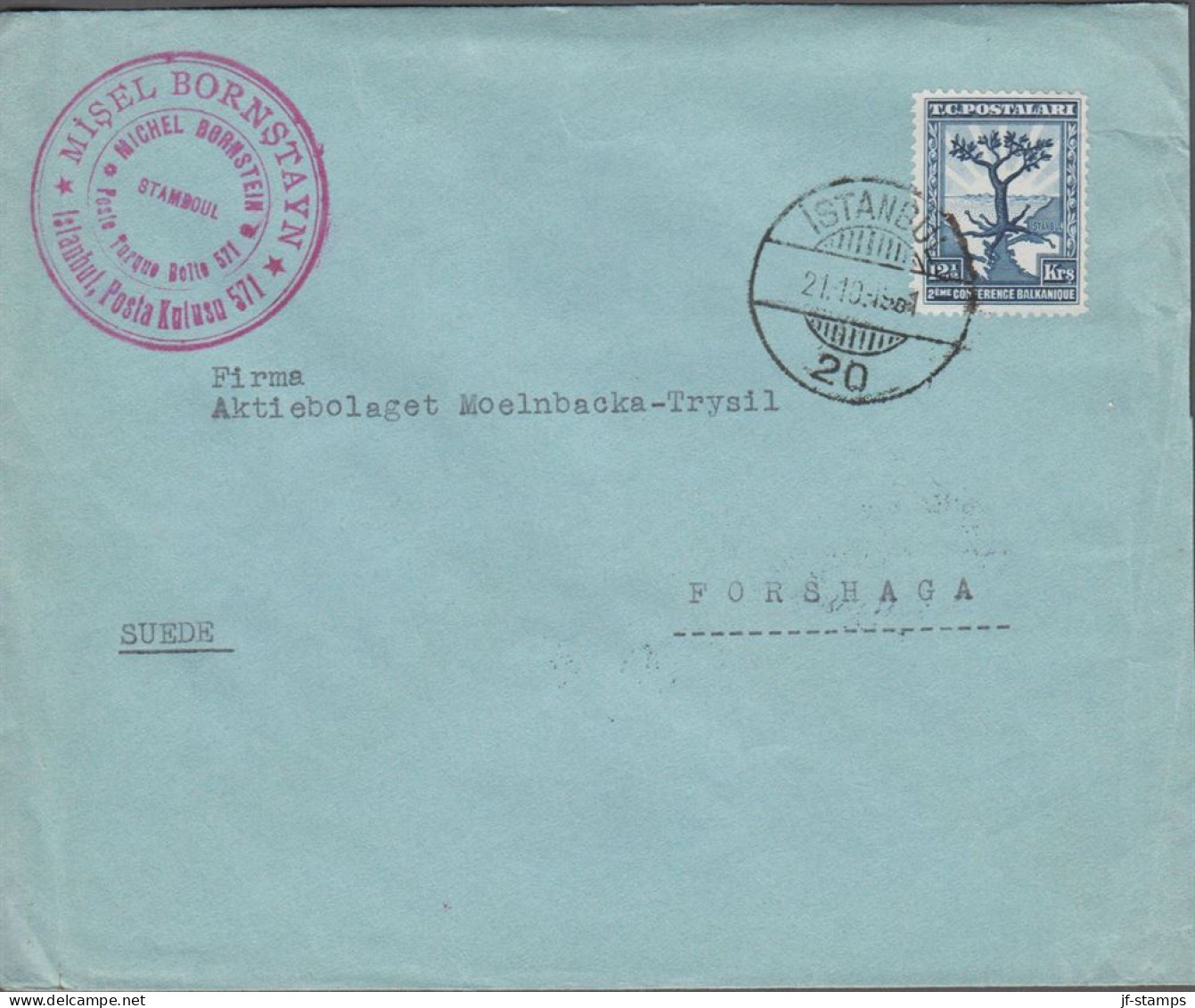 1931. TÜRKIYE. Fine Blu Commercial Envelope To Forshaga, Sweden With 12½ Krs. 2me CONFERENCE ... (Michel 941) - JF539986 - Brieven En Documenten