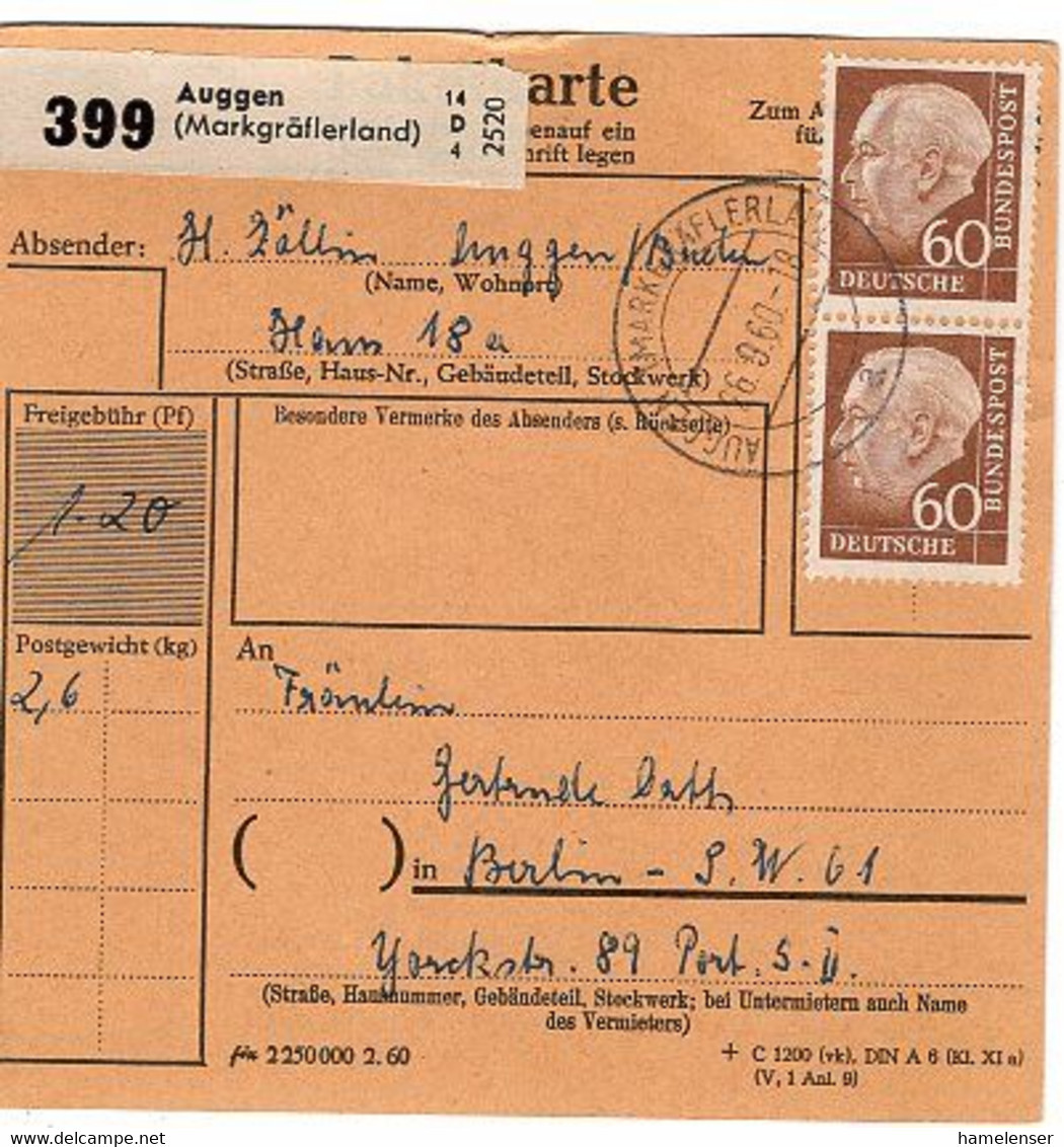 51063 - Bund - 1960 - 2@60Pfg. Heuss II A Paketkte AUGGEN -> Berlin (West) - Covers & Documents