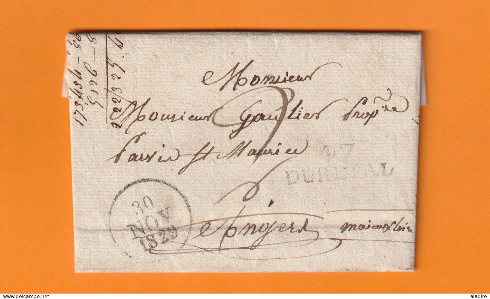 1829 - Marque Postale DURETAL DURTAL, Maine Et Loire Sur Lettre Pliée De 2 P Vers ANGERS ( Dateurs Départ Et En Arrivée) - 1801-1848: Précurseurs XIX