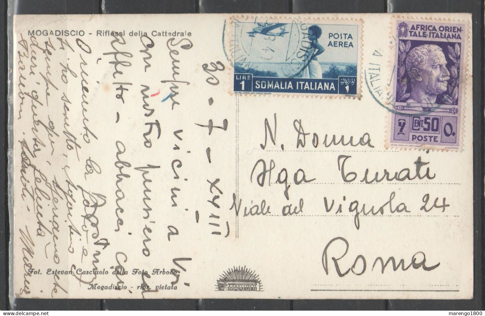 A.O.I. 1940 - Cartolina Mogadiscio Con Affrancatura Mista Effigie 1938 50 C. E Soggetti Africani P.a. Somalia 1936 1 L. - Italian Eastern Africa