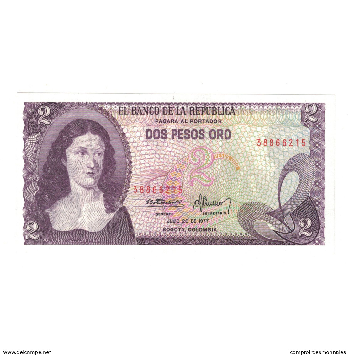 Billet, Colombie, 2 Pesos Oro, 1977, 1977-07-20, KM:413b, NEUF - Colombie