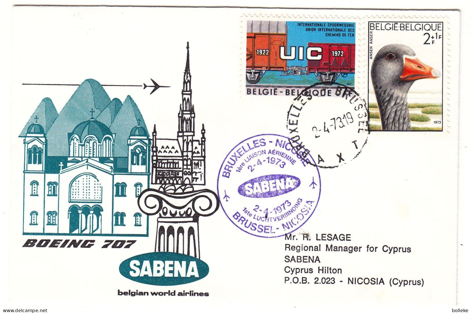 Belgique - Lettre De 1973 - Oblit Bruxelles - 1er Vol SABENA Bruxelles Nicosia - Wagons - Oies - - Covers & Documents