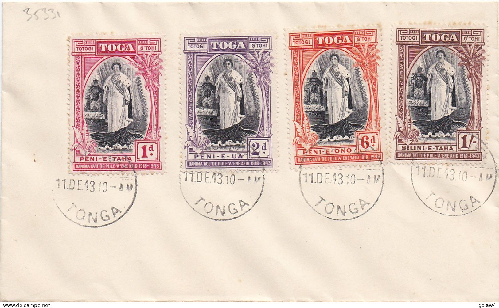 35331# TONGA QUEEN SALOTE REINE LETTRE Obl NUKUALOFA 11 DECEMBRE 1943 - Tonga (...-1970)