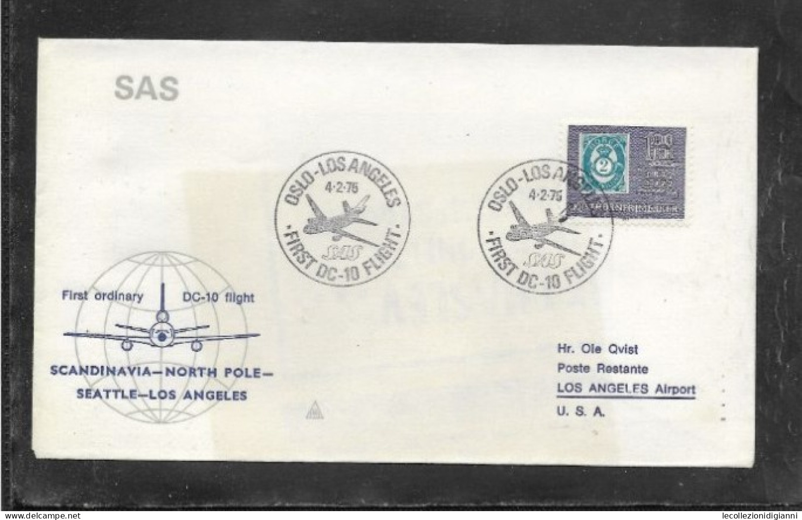 970)  Norvegia Norge Busta Beleg 1° Volo Erstflug SAS First Fligtht 1975 Oslo Los Angeles North Pole Seattle Scandinavia - Covers & Documents