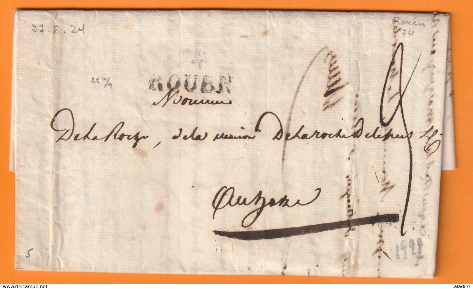 1824 - Marque Postale 74 ROUEN Sur Lettre Pliée De 3 Pages Vers AUZONE AUSONE ? - Taxe 3 - 1801-1848: Vorläufer XIX
