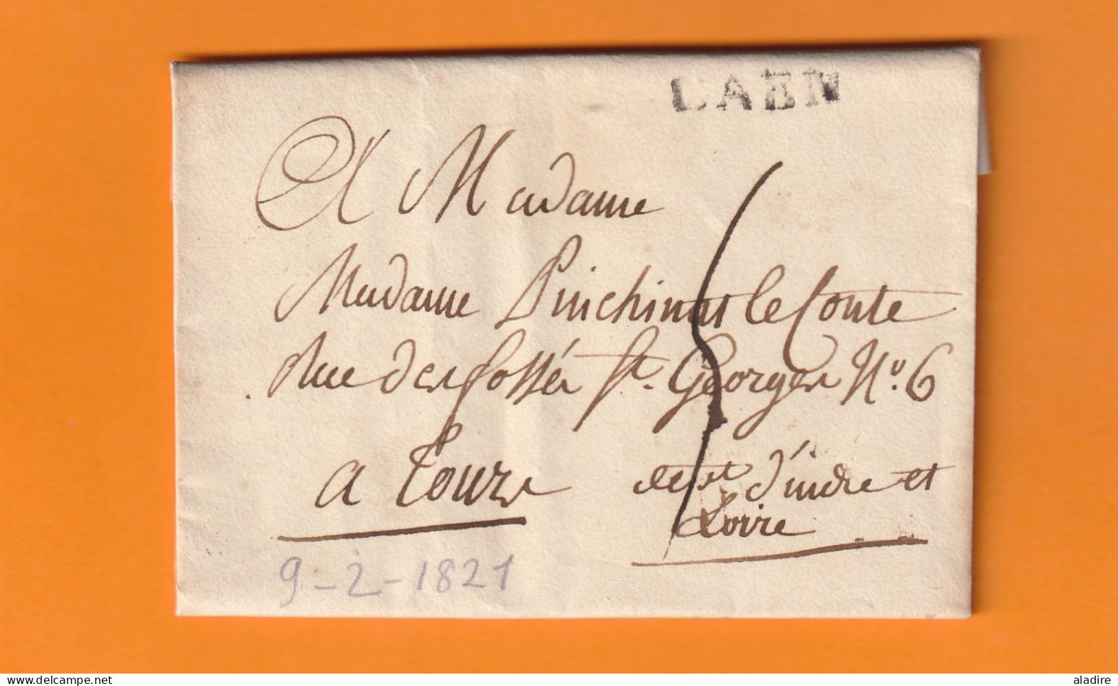 1821 - Marque Postale CAEN, Calvados Sur Lettre Pliée Vers TOURS, Indre Et Loire - Taxe 5 - 1801-1848: Precursors XIX