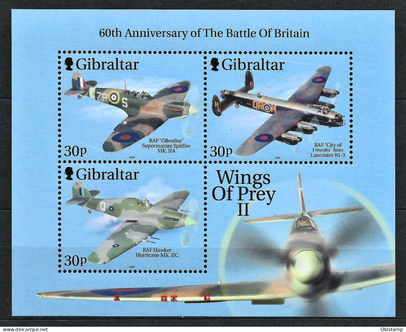 PLANES Gibraltar 2000 MNH Aivia Fighters Bomber Spitfire Royal Air Force Battle Of Britain Wings Of Prey II Stamps Block - Andere (Lucht)