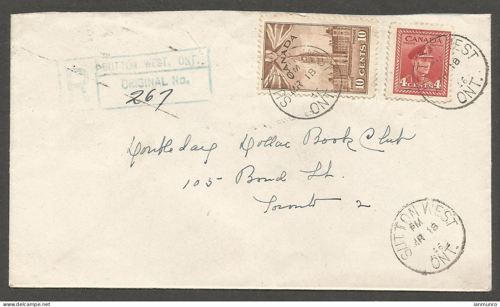 1946 Registered Cover 14c War CDS Sutton West (Georgina) To Toronto Ontario - Historia Postale