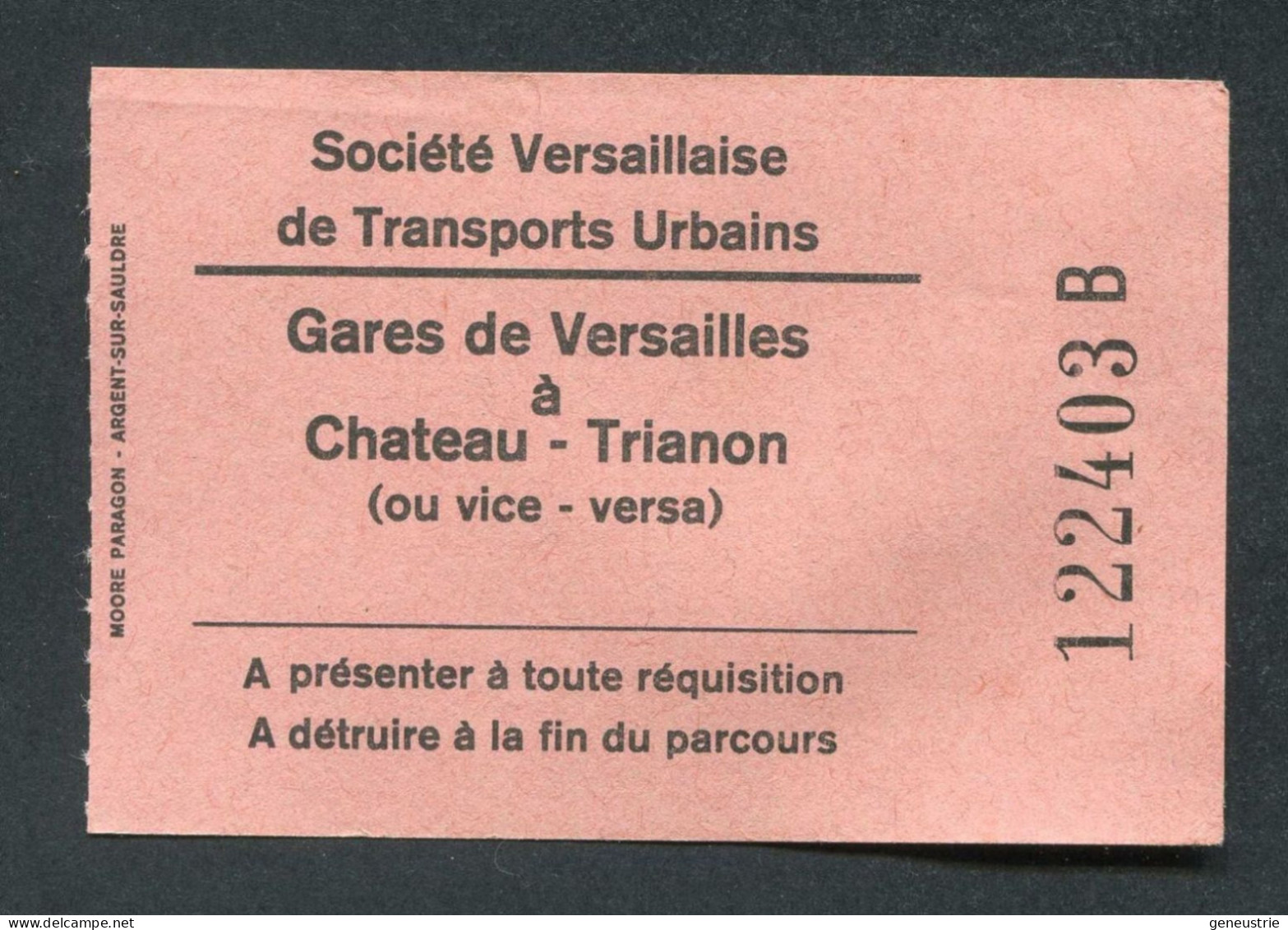 Ticket Bus Versailles Années 70 "Société Versaillaise De Transports Urbain / Gares De Versailles à Château - Trianon" - Non Classés