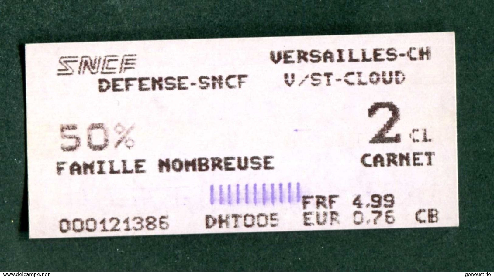 Ticket De Train - SNCF 2004 "La Défense - Gare De Versailles Chantier - 50% Famille Nombreuse" STIF Ile-de-France - Europe