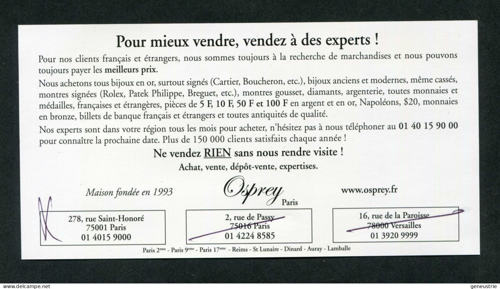 Billet Fantaisie De 3 (euro) "Osprey, Bijoutier à Paris Et Versailles" Billet Publicitaire De 3€ - Fictifs & Spécimens