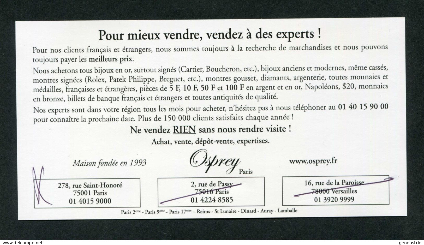 Billet Fantaisie De 3 (euro) "Osprey, Bijoutier à Paris Et Versailles" Billet Publicitaire De 3€ - Fiktive & Specimen