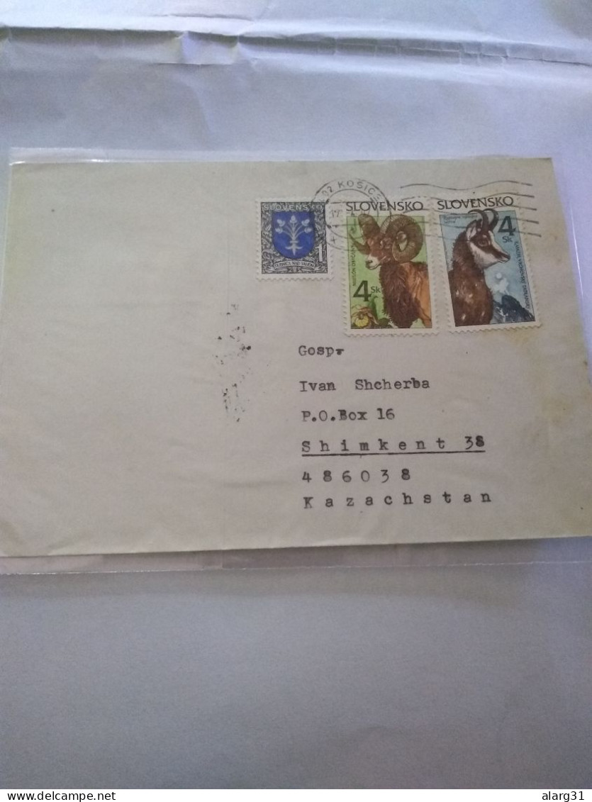 Slovakia.envelope Of 1st Years(1997).to Kazakstan. Kosice Yv 216-218.fauna.yv 143 Arms .e7 Reg Post Conmem - Lettres & Documents