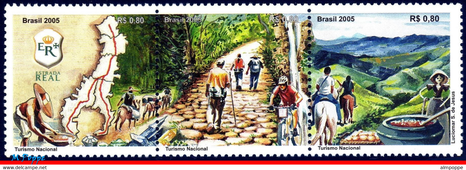 Ref. BR-2965 BRAZIL 2005 - ROYAL ROAD, MAPS, BIKE,HORSE, SET MNH, HISTORY 3V Sc# 2965 - Vélo