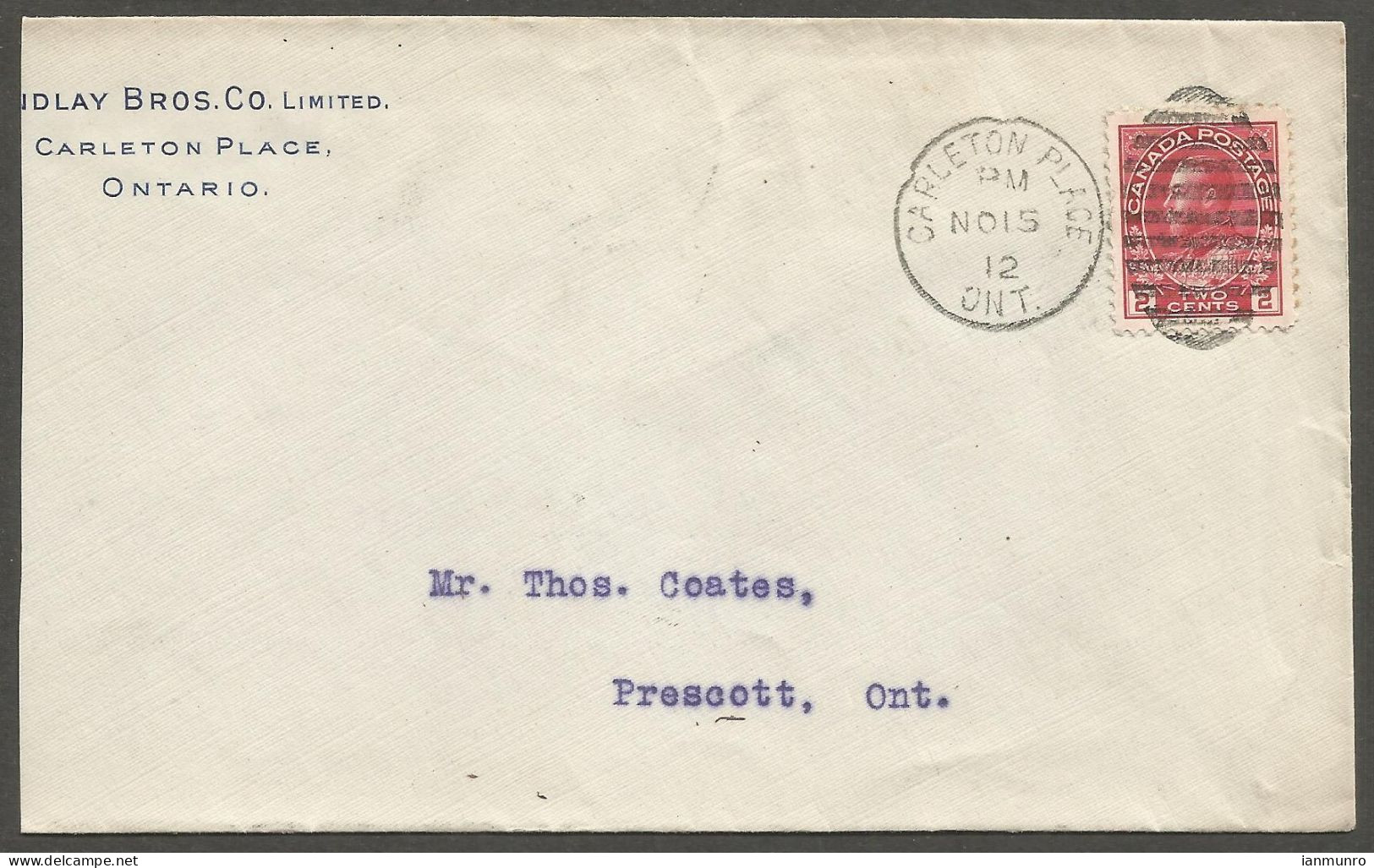 1912 Findlay Bros Corner Card Cover 2c Admiral Duplex Carleton Place To Prescott Ontario - Postal History