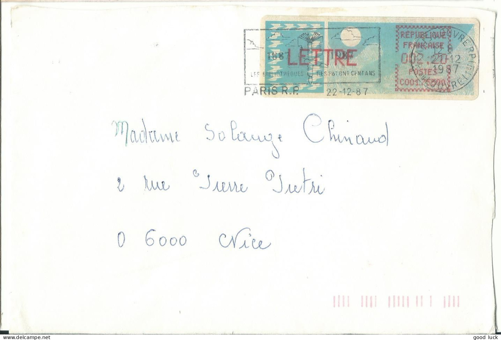 FRANCE LETTRE ATM CARRIER 2F20 PARIS POUR NICE ( ALPES MARITIMES ) DE 1987 LETTRE COVER - 1985 Papier « Carrier »