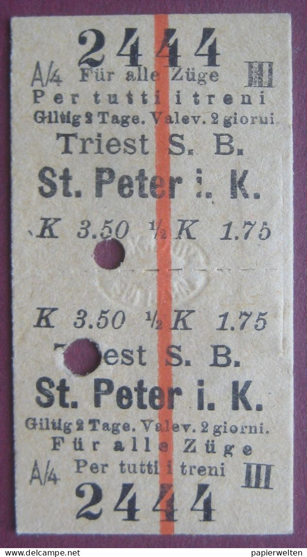 Fahrschein Für Alle Züge 3. Klasse Von Triest / Trieste S. B. Nach St. Peter In Krain (Pivka) 1913 - Europa
