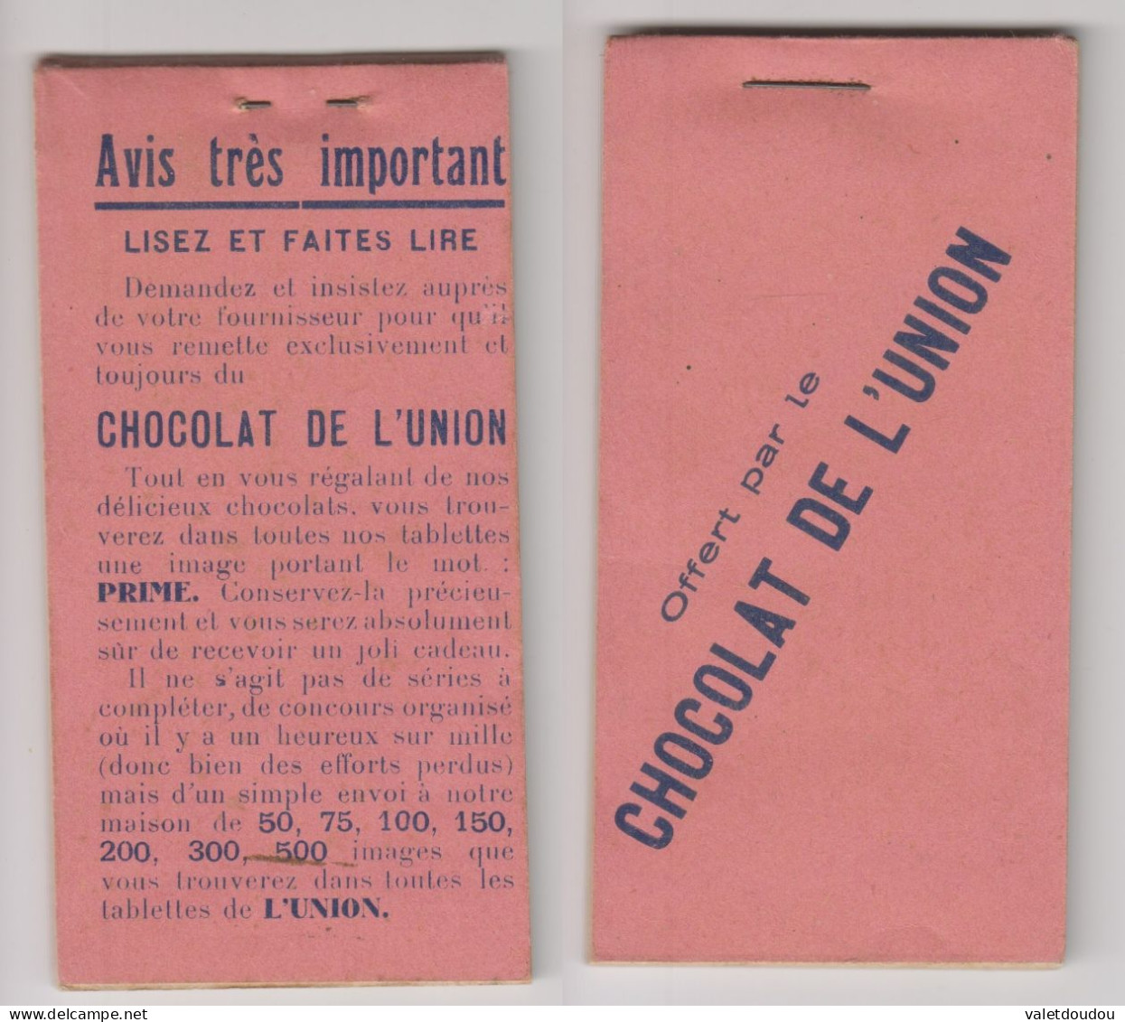 Carnet Publicitaire Pour Notes Chocolat De L'Union. - Cioccolato