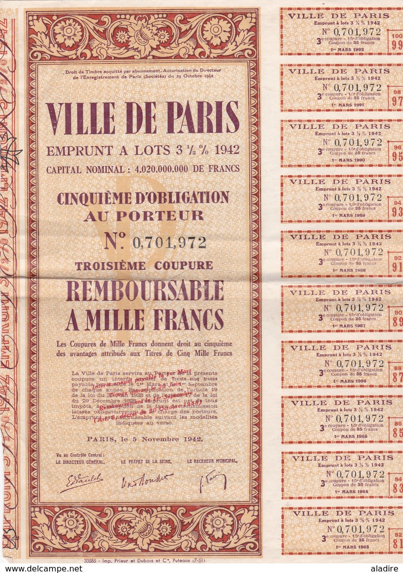 VILLE DE PARIS 1929 (10 Coupures De 5 Obligations) Et 1942 (18 Cinquièmes D'obligation Au Porteur) - S - V