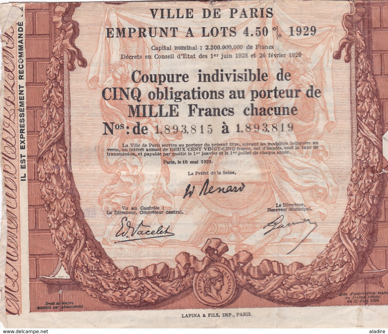 VILLE DE PARIS 1929 (10 Coupures De 5 Obligations) Et 1942 (18 Cinquièmes D'obligation Au Porteur) - S - V