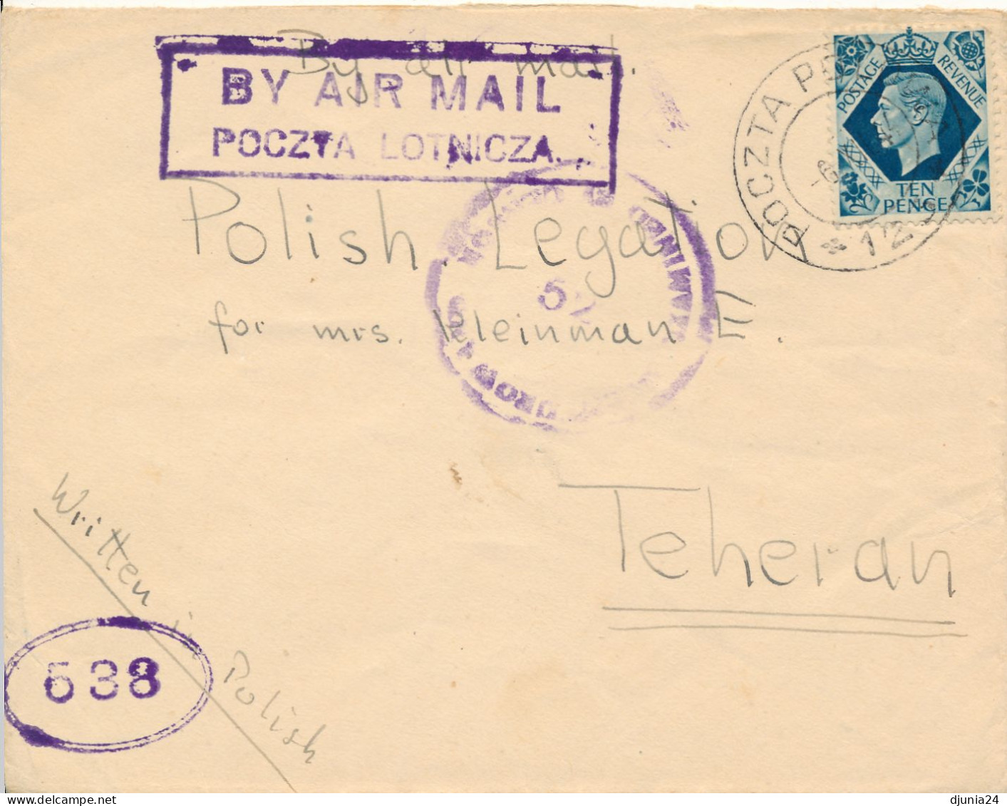 BF0101 / PALESTINE - 1944 , POCZTA POLOWA , Brief An Die Polnische Legation (Gesandschaft) In Teheran - Governo Di Londra (esilio)