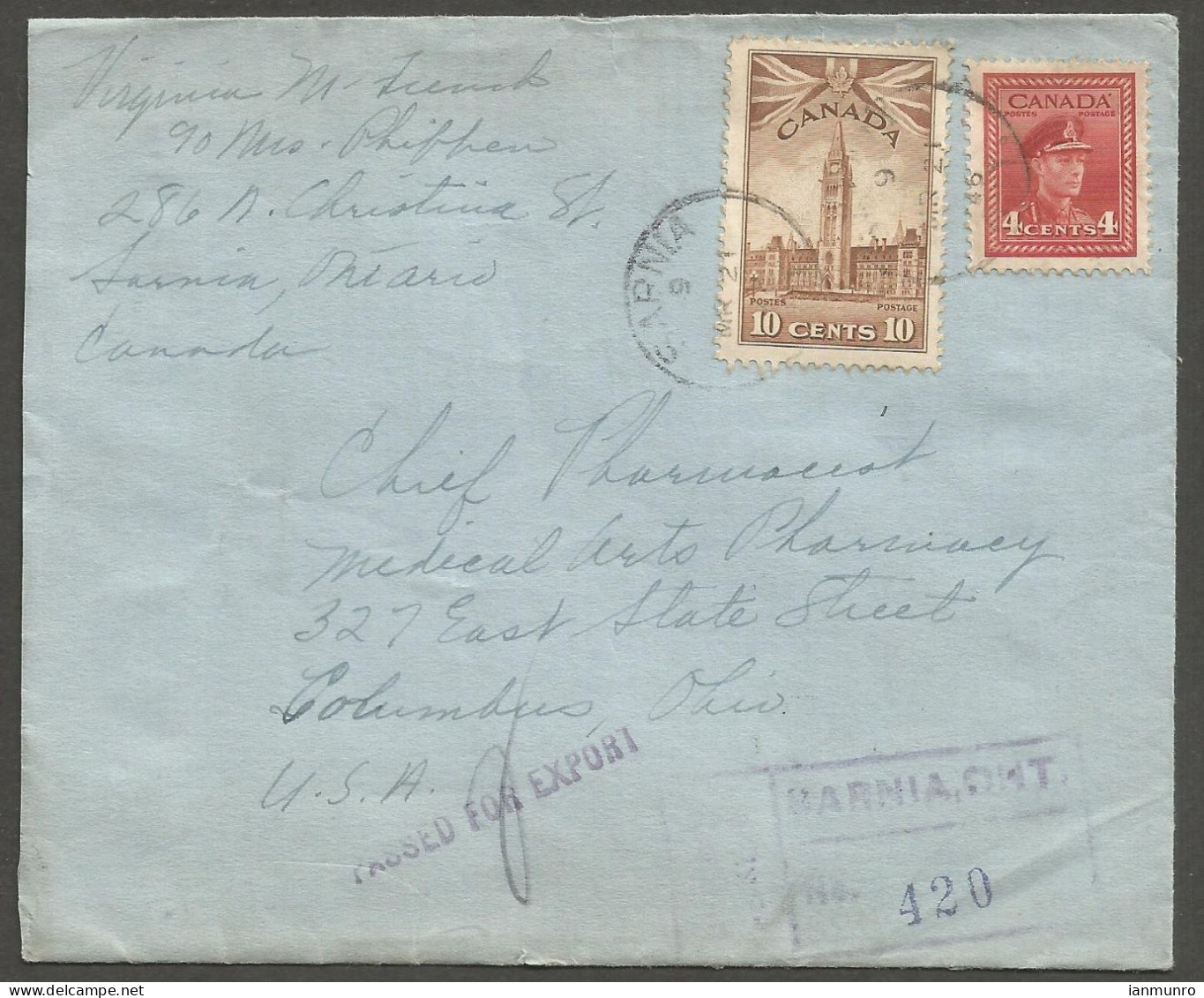 1946 Registered Cover 14c War RPO CDS Sarnia Ontario Passed For Export To USA - Postgeschiedenis