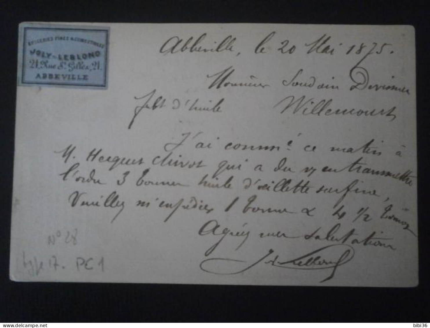 FRANCE LETTRE ENVELOPPE ENTIER POSTAL CARTE PRECURSEUR ETIQUETTE BLEUE LEBLOND EPICERIE ABBEVILLE SOMME CERES DENTELE - Vorläufer