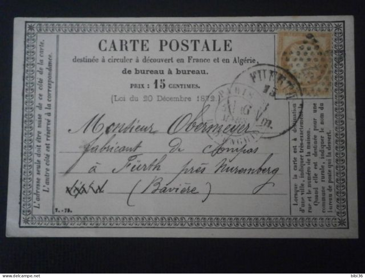 FRANCE LETTRE ENVELOPPE ENTIER POSTAL CARTE PRECURSEUR PARIS SEINE FURTH BAVIERE CERES DENTELE TARIF ETRANGER - Vorläufer