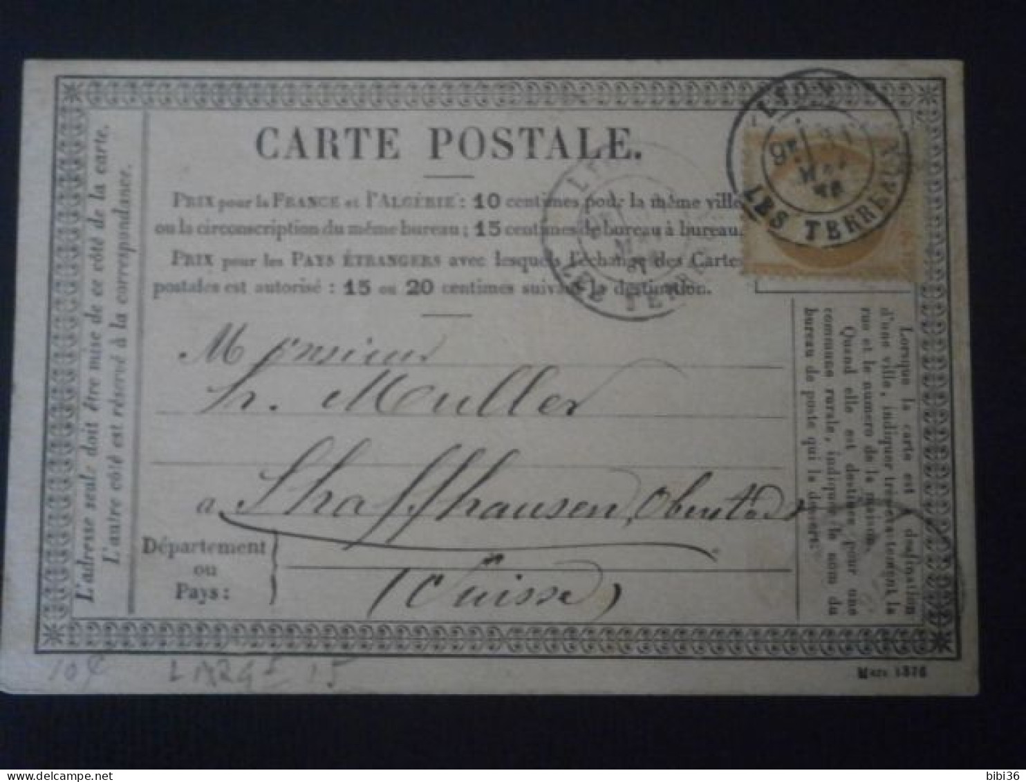 FRANCE LETTRE ENVELOPPE ENTIER POSTAL CARTE PRECURSEUR LYON RHONE SHAFFHAUSEN SUISSE CERES DENTELE TARIF ETRANGER - Cartes Précurseurs