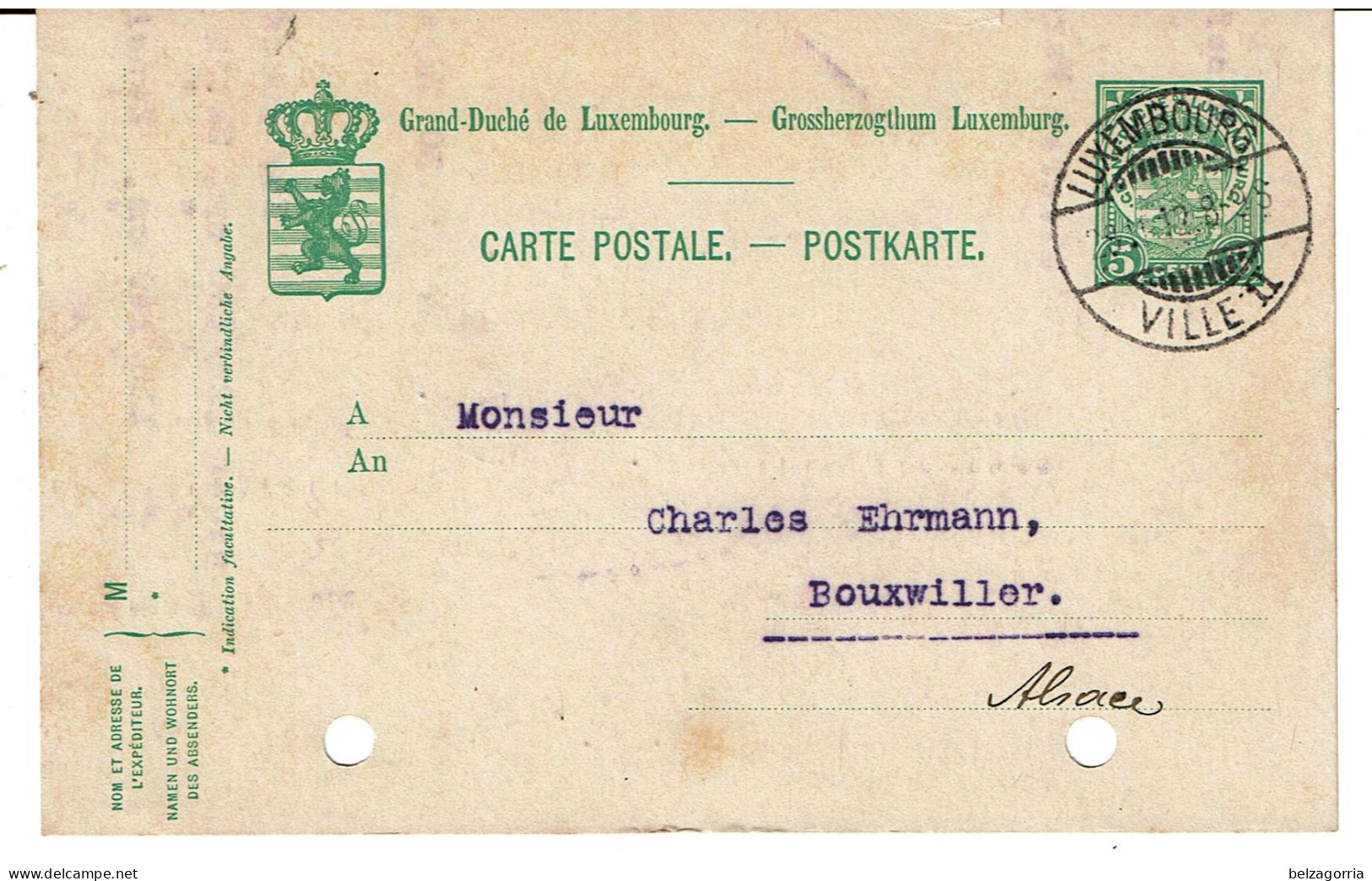 LUXEMBOURG  - CARTE COMMERCIALE Du Luxembourg Ville II  à Bouxwiller ( Alsace ) 1912 - VOIR SCANS - Postwaardestukken