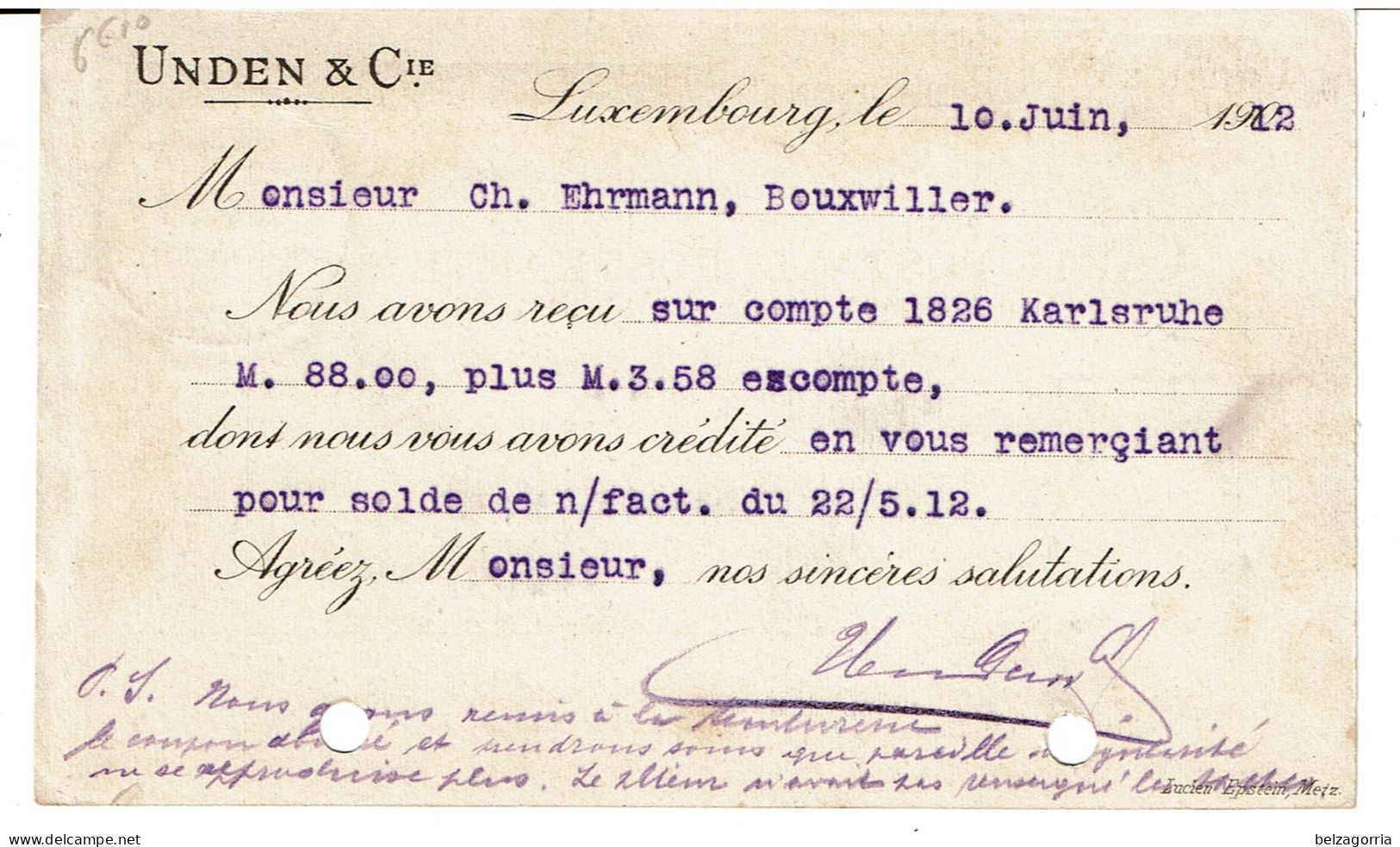 LUXEMBOURG UNDEN & Cie - REMBOURSEMENT  - CARTE COMMERCIALE Du Luxembourg Ville II  à Bouxwiller ( Alsace ) 1912 - - Stamped Stationery
