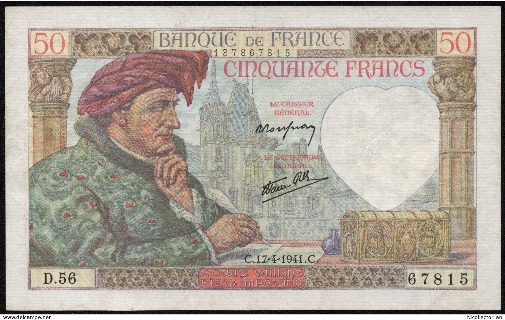 France 50 Francs 1941 ''Jacques Coeur" XF Banknote - 50 F 1940-1942 ''Jacques Coeur''
