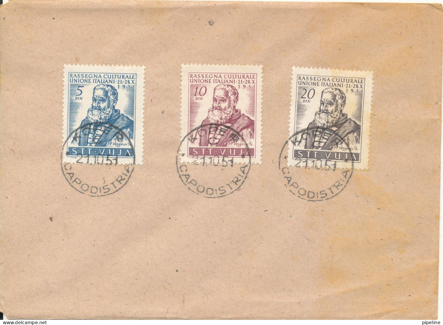 Italy Trieste Zone B. FDC Koper 21-10-1951 Rassegna Culturale Unione Italiani Complete Set Of 3 - Storia Postale
