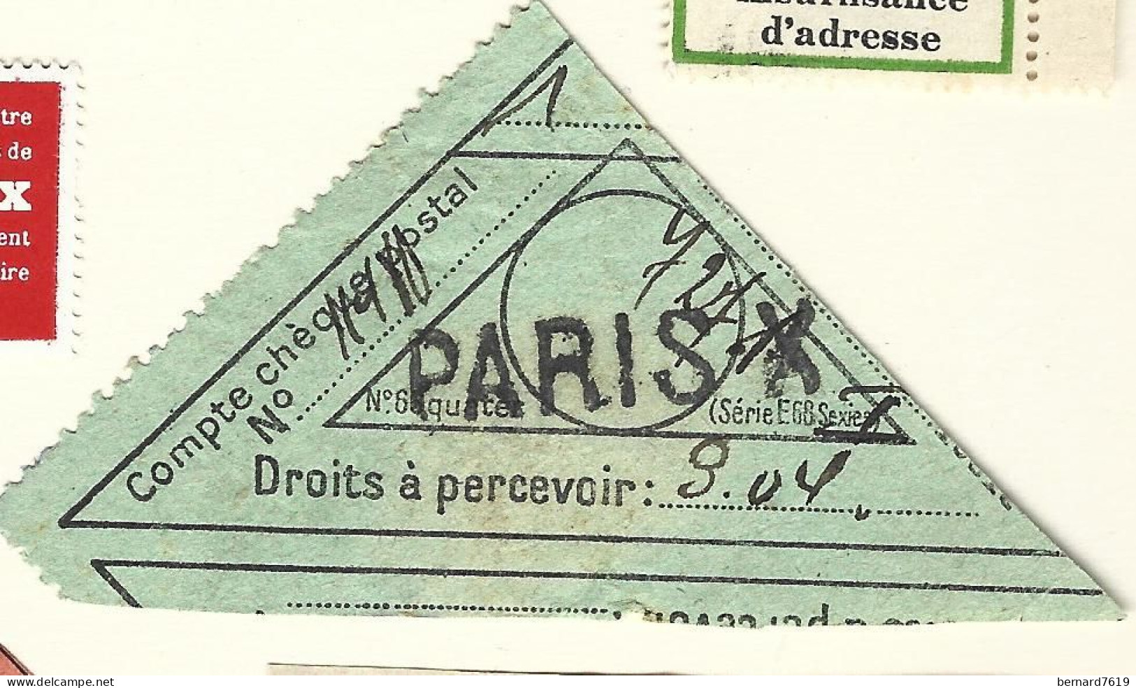 Etiquette Postale  France  Ancienne   - Droits A Percevoir - Paris - Autres & Non Classés