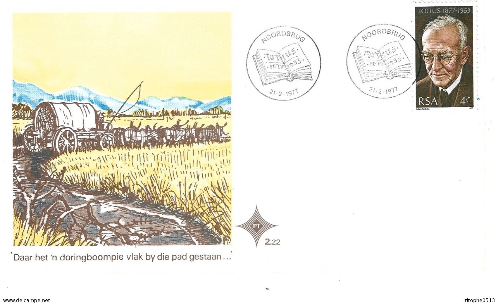 AFRIQUE DU SUD. N°415 De 1977 Sur Enveloppe 1er Jour. Poète Jacob Daniel Du Toit. - FDC